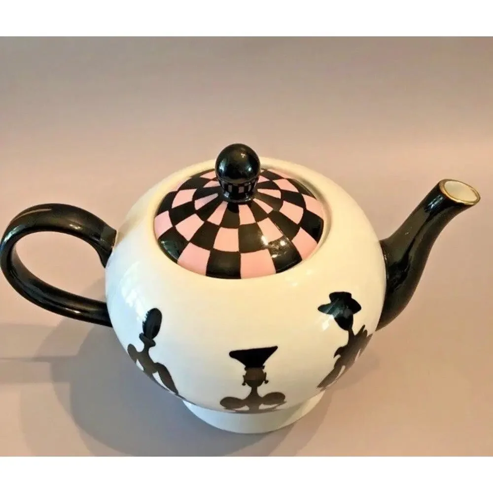 Nordstrom Rubin Toledo Checker Ceramic Teapot Silhouettes Art Nouveau Pink White